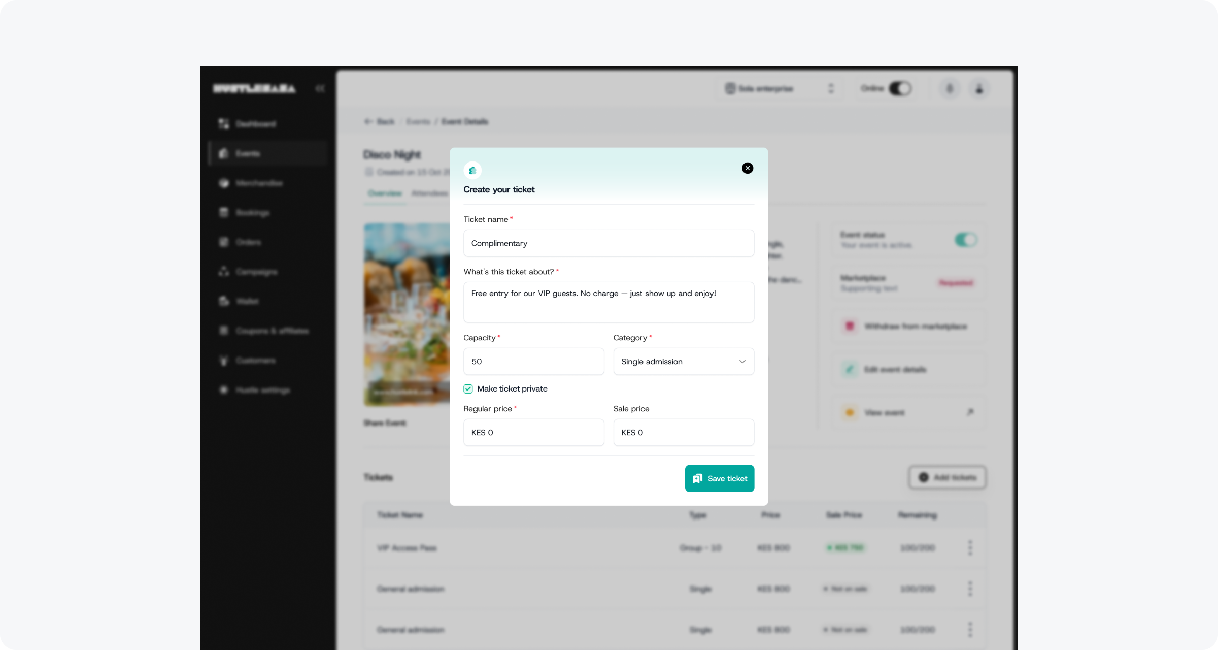 Create your ticket modal (filled) — opened from event dashboard